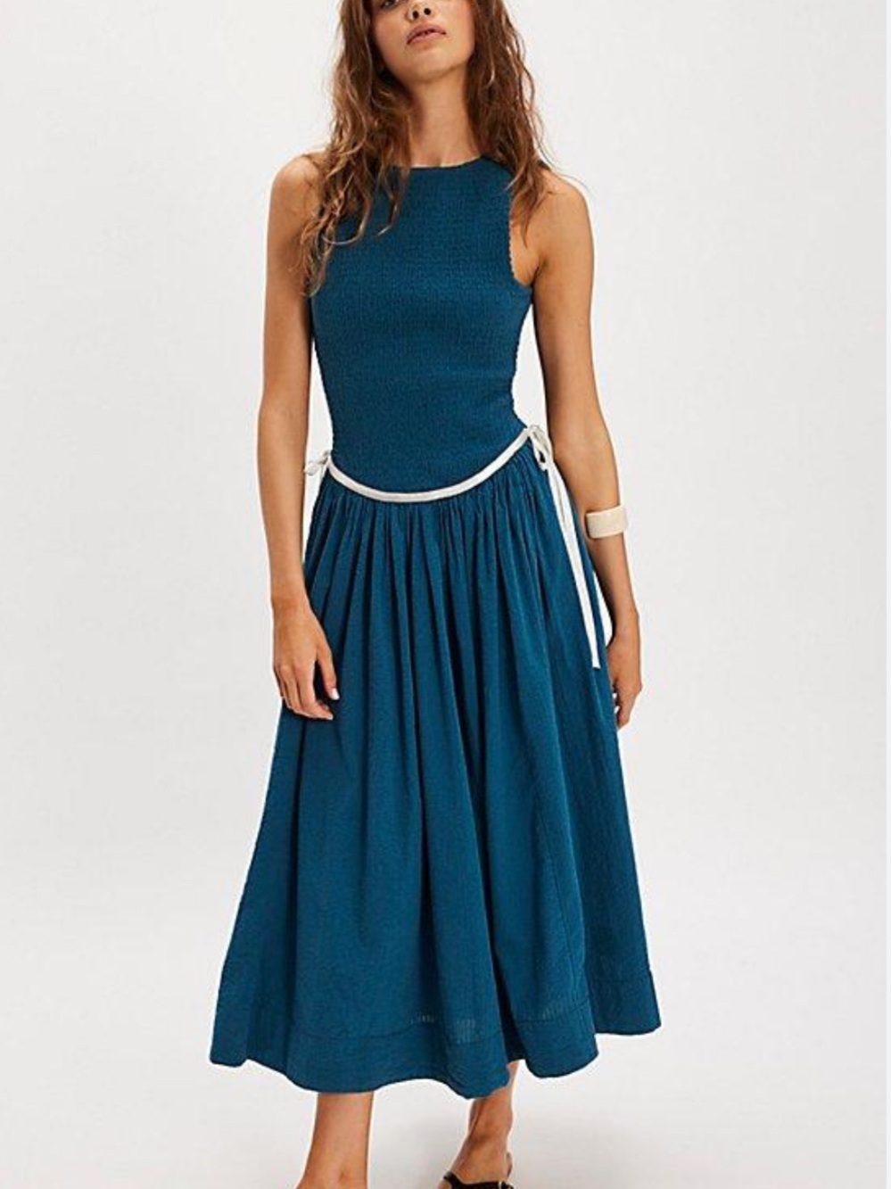 NWT Free People Teal Midi Seersucker Dress with White Tie Detail S